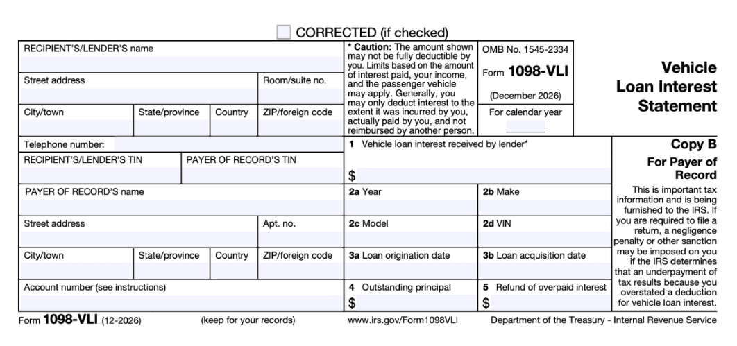 IRS Form 1098-VLI Vehicle Loan Interest Statement